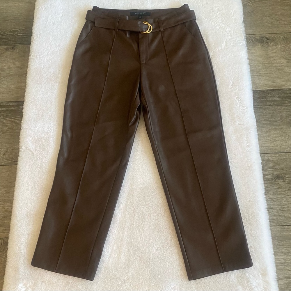 MARC NEW YORK NWT Chocolate Brown Faux Leather Belted Straight Leg Pants Size 2